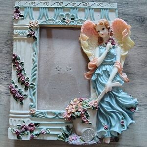 Angel Figurine Photo Frame with Floral Accents